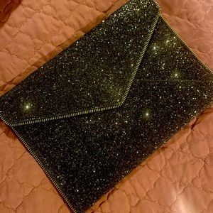 Rebecca Minkoff black glitter Leo clutch